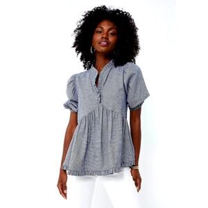 Harshman Houndstooth Aiya Blouse Navy Puffed Sleeve size S